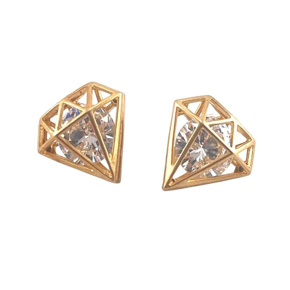 Geometric Crystal Stud Earrings With Gold-Tone Cage Design - Picture 1 of 7